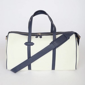 Custom Fashion Ivory Canvas And Navy Leather Women Overnight Bag