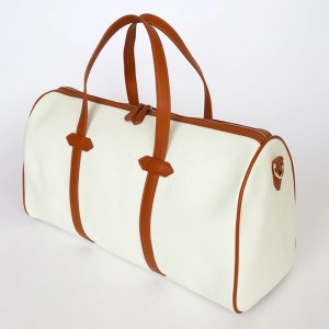 Custom Fashion Ivory Canvas And Camel Leather Women Weekender Bag