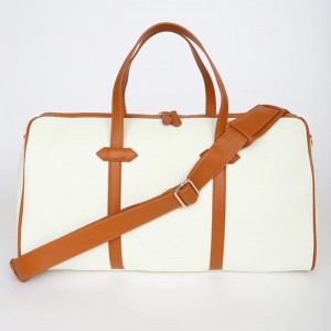 Custom Fashion Ivory Canvas And Camel Leather Women Weekender Bag