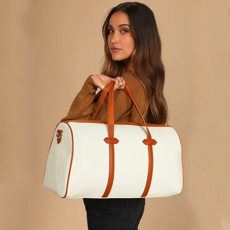 Envelope Clutch Factories –  Custom Fashion Ivory Canvas And Camel Leather Women Weekender Bag – Champion