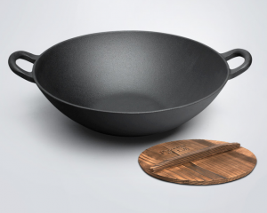 14.2” cast iron pre-seasoned wok with flat bottom