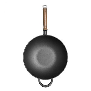 Cast iron pre-seasoned wok with wooden handle