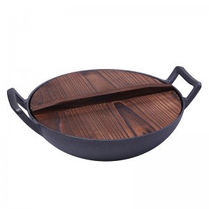 14” inch cast iron pre-seasoned wok with wooden lid/cover