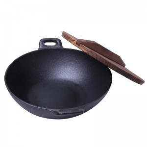 14” inch cast iron pre-seasoned wok with wooden lid/cover