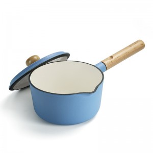 Cast iron enamel sauce pan with wooden handle