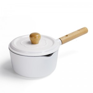 Cast iron enamel sauce pan with wooden handle