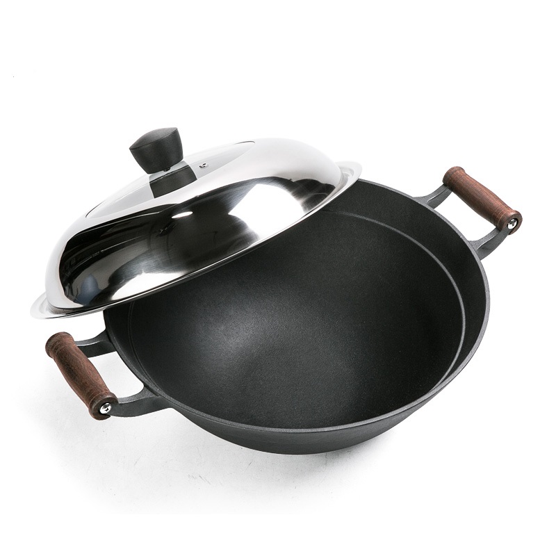 Cast iron pre-seasoned wok with two wooden handles Featured Image