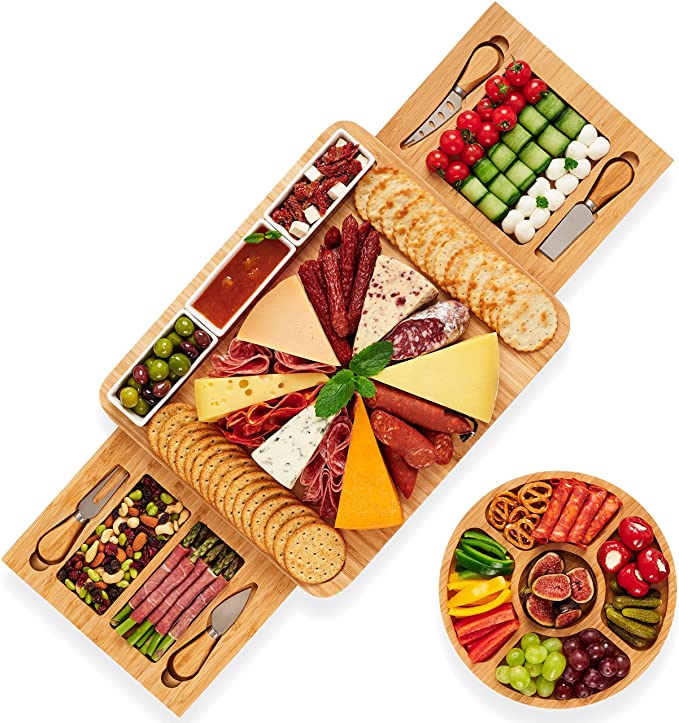 Charcuterie Board Set – Bamboo Cheese Board and Knife Set – Large Cheese Tray for Serving at Parties – For Cheese and Charcuterie Lovers