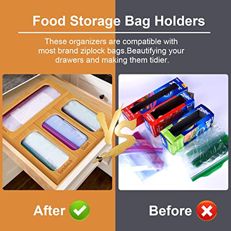 Ziplock Bag Storage Organizer for Drawer – Bamboo Kitchen Food Storage Bag Organizer Holders, Gallon Quart Snack and Sandwich Bag Dispenser Compatible with Ziploc Solimo and More, Set of 4