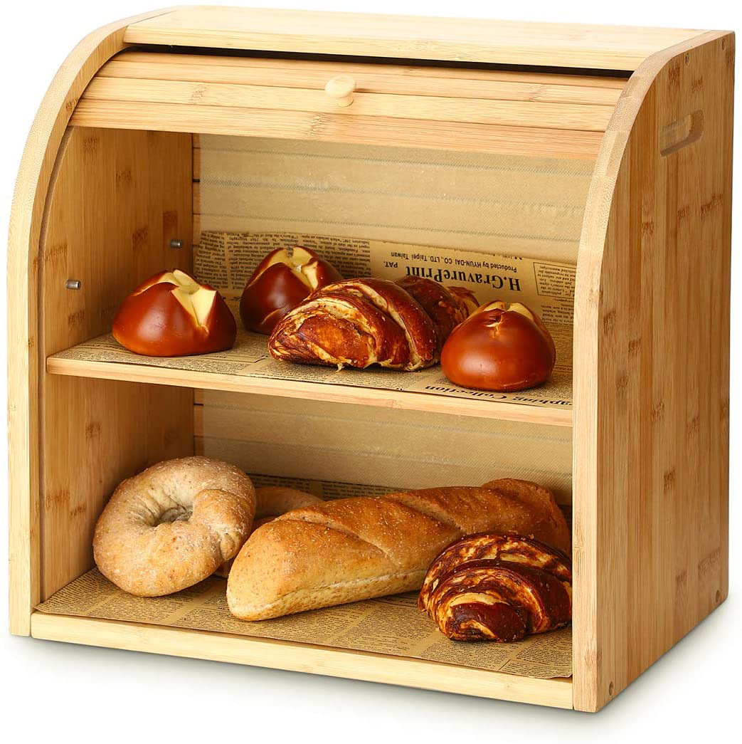 Natural Bamboo 2 Layer Wood Bread Box Bamboo Large Capacity Food Storage Bin For Kitchen