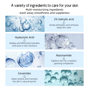 Body Wash Salicylic Acid helps exfoliate rough skin Niacinamide help calm skin Hyaluronic Acid help dry skin