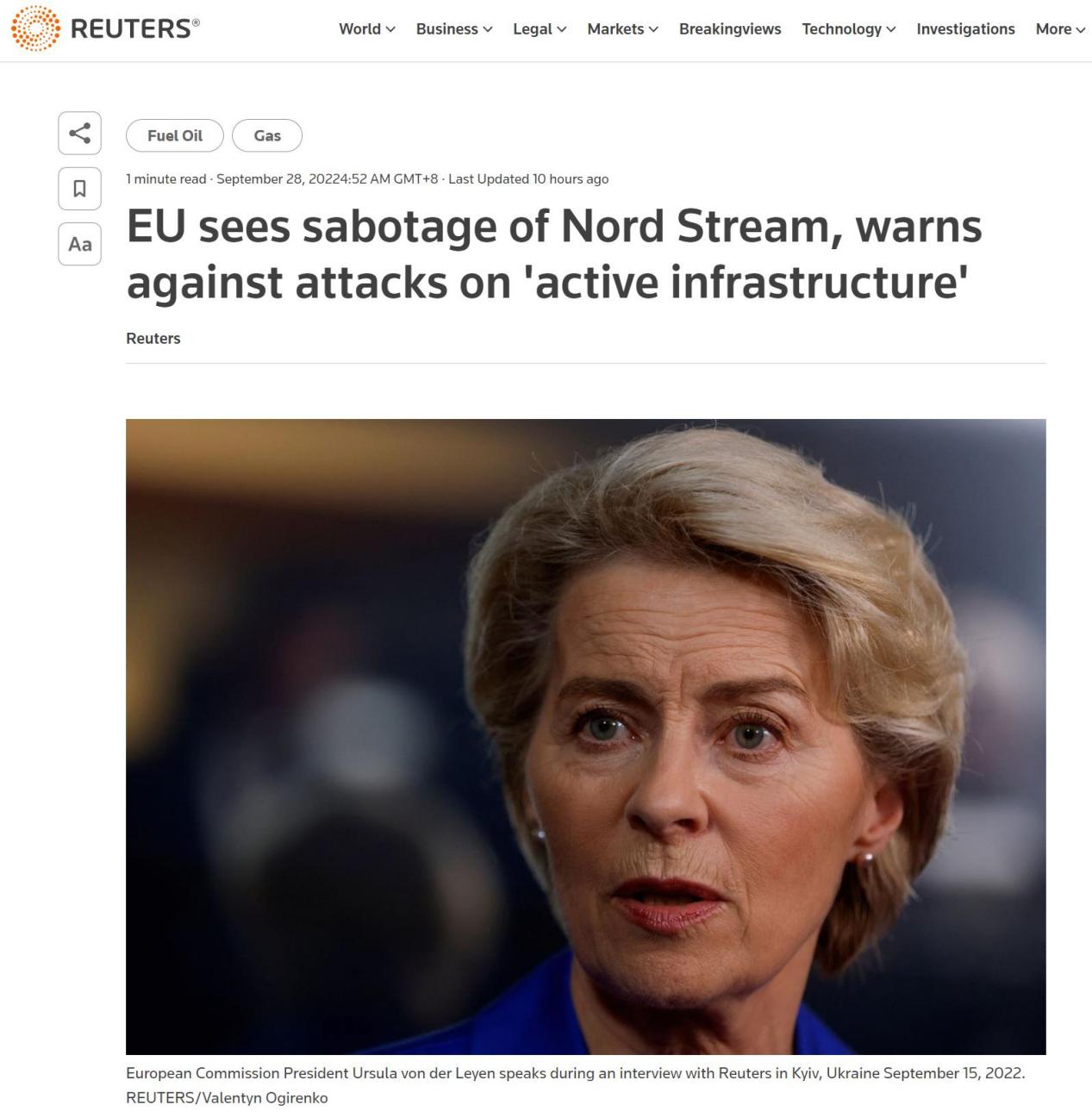 Eŭropaj gvidantoj kulpigas rusan "sabotadon" post Nord Stream-eksplodoj