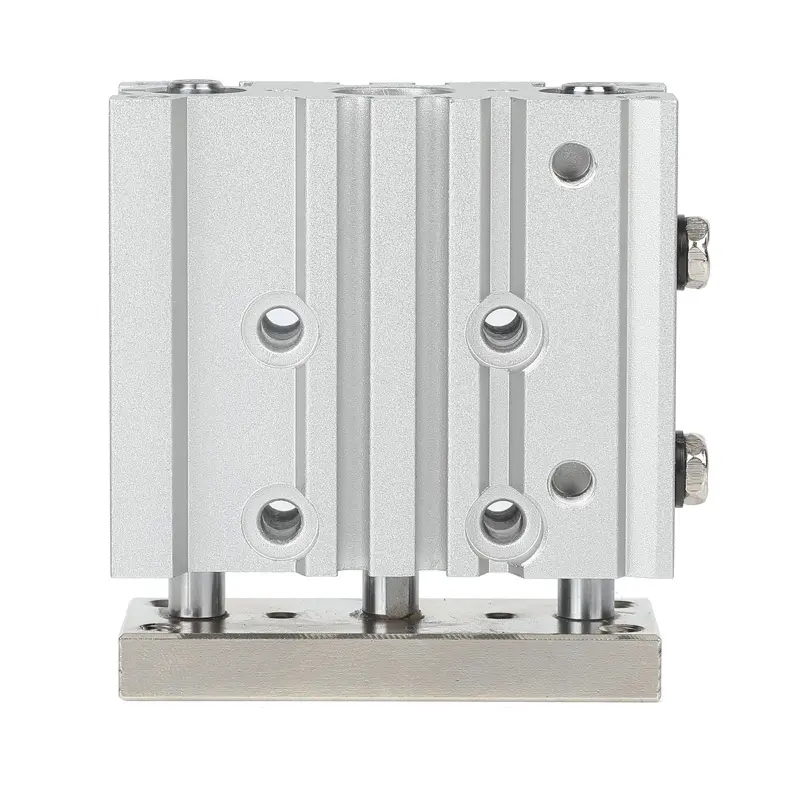 A triple-rod, triple-axis pneumatic cylinder equipped with guide rods.