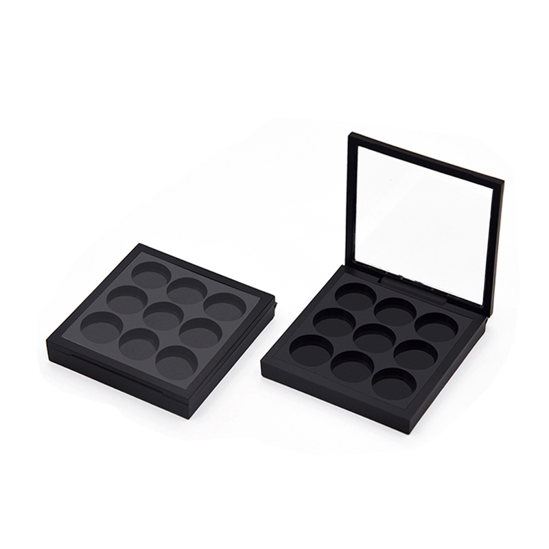 square matte black clear window 9 color magnetic eyeshadow case with 9 round holds