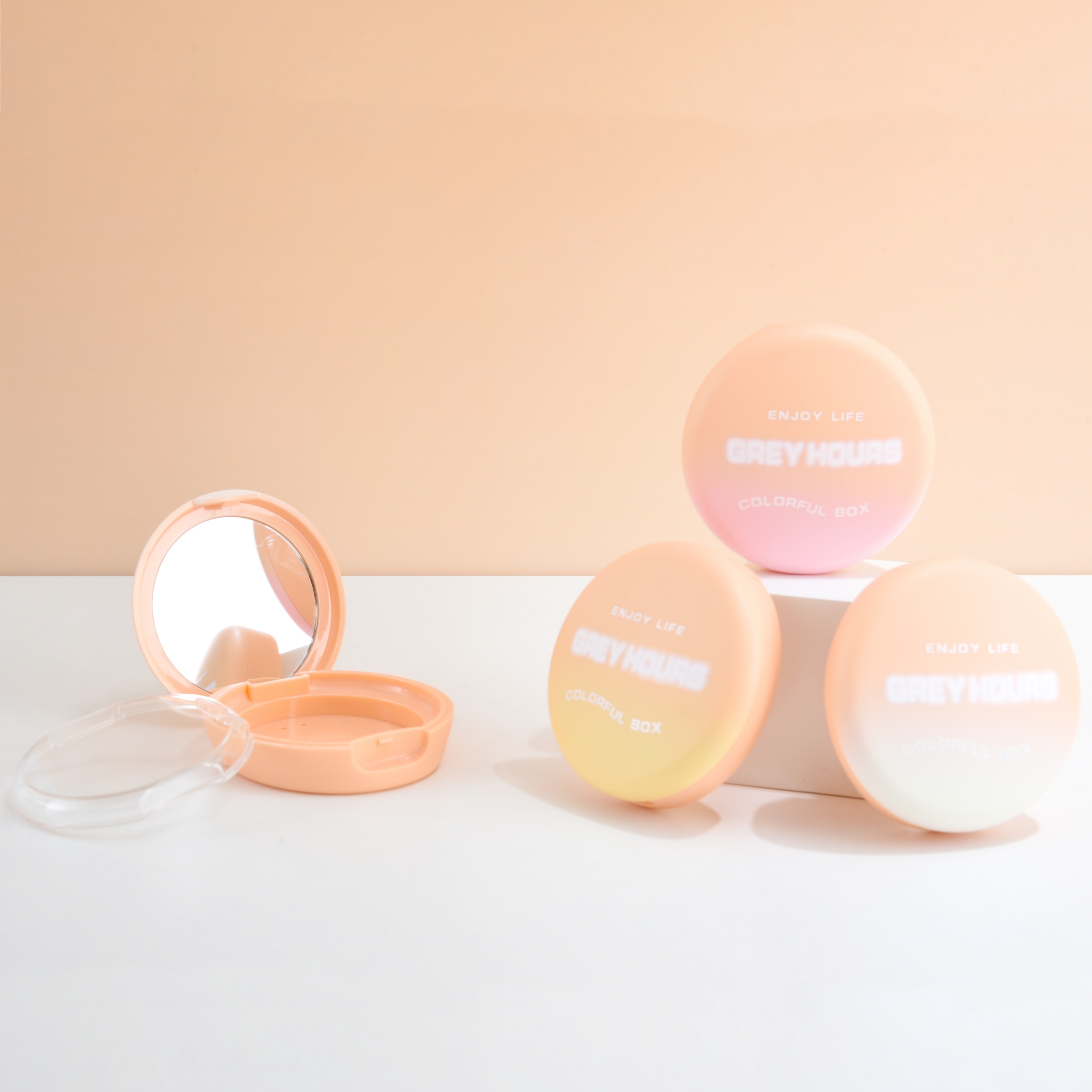 sweet orange compact powder packaging case round shaped with clear layer