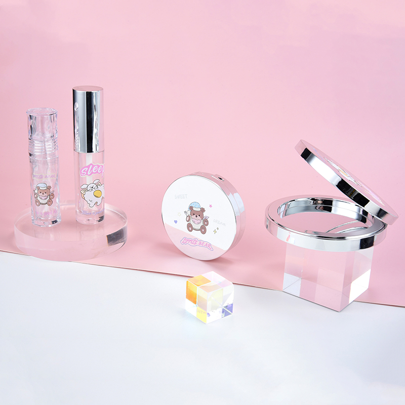 Kosmetické balení lesklé barvy prázdné lisované práškové kompaktní zrcadlové pouzdro, roztomilé tuby s leskem na rty