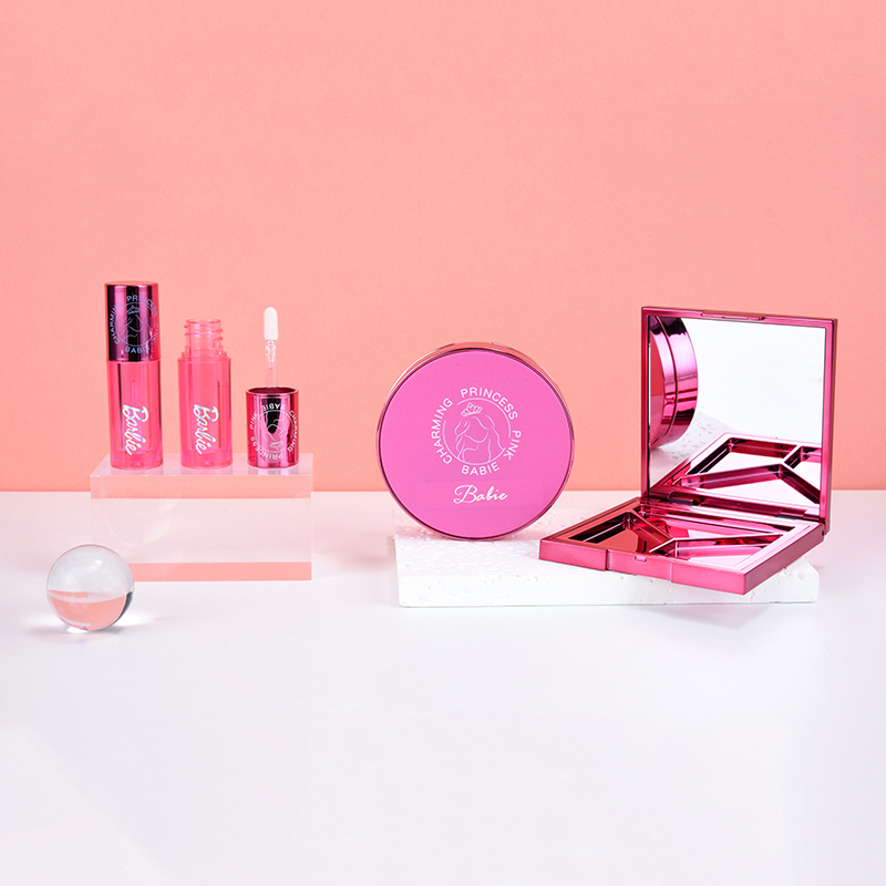 Sminkförpackning med Barbie-tema rosa mini-läppglansrör för tjejer, luftkuddelåda