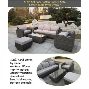 5pc Garden Sofa Set- Subĉiela Rattan sofo & tirkesto kaftablo