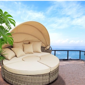 Modular round rattan daybed retractable canopy