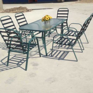 Rectangular glass-top dining set vinyl strap dining chair metal dining set
