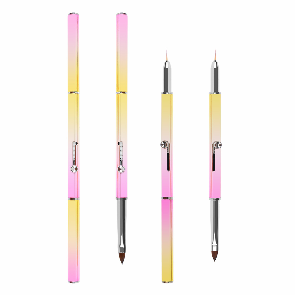 Pink Yellow Gradient Metal Telescopic Synthetic Hair Acrylic Liner Brushes Nylon And Kolinsky Hair Double Use Nail Brush
