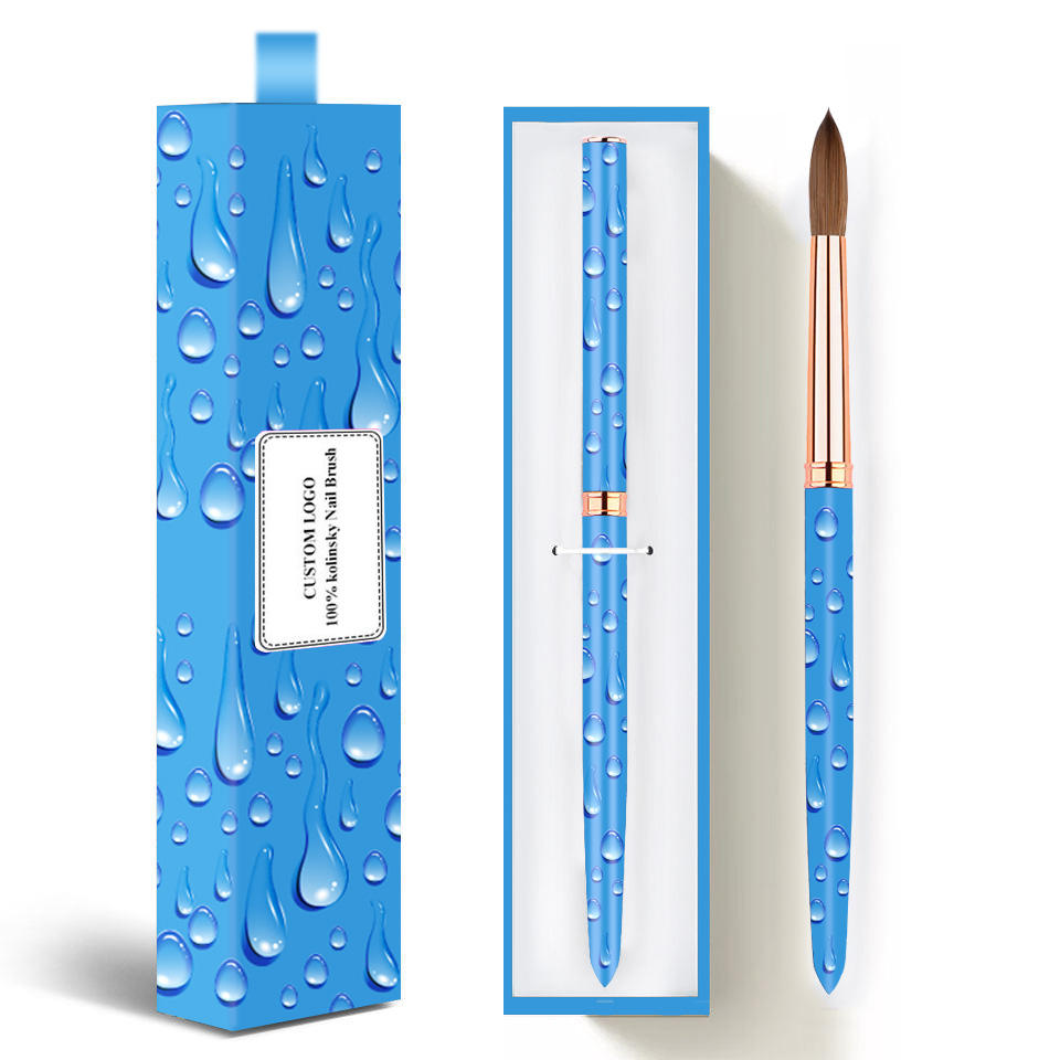 Custom OEM Logo Sky Blue Kolinsky Acrylic Brush 100% Pure Kolinsky Professional Size 16 Crimped For Nails