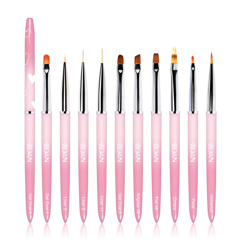 BQAN Pink Gradient Metal Handle Nylon Hair Oval Flat Ombre UV Gel Detail Liner Painting Brushes Nail Brush Set