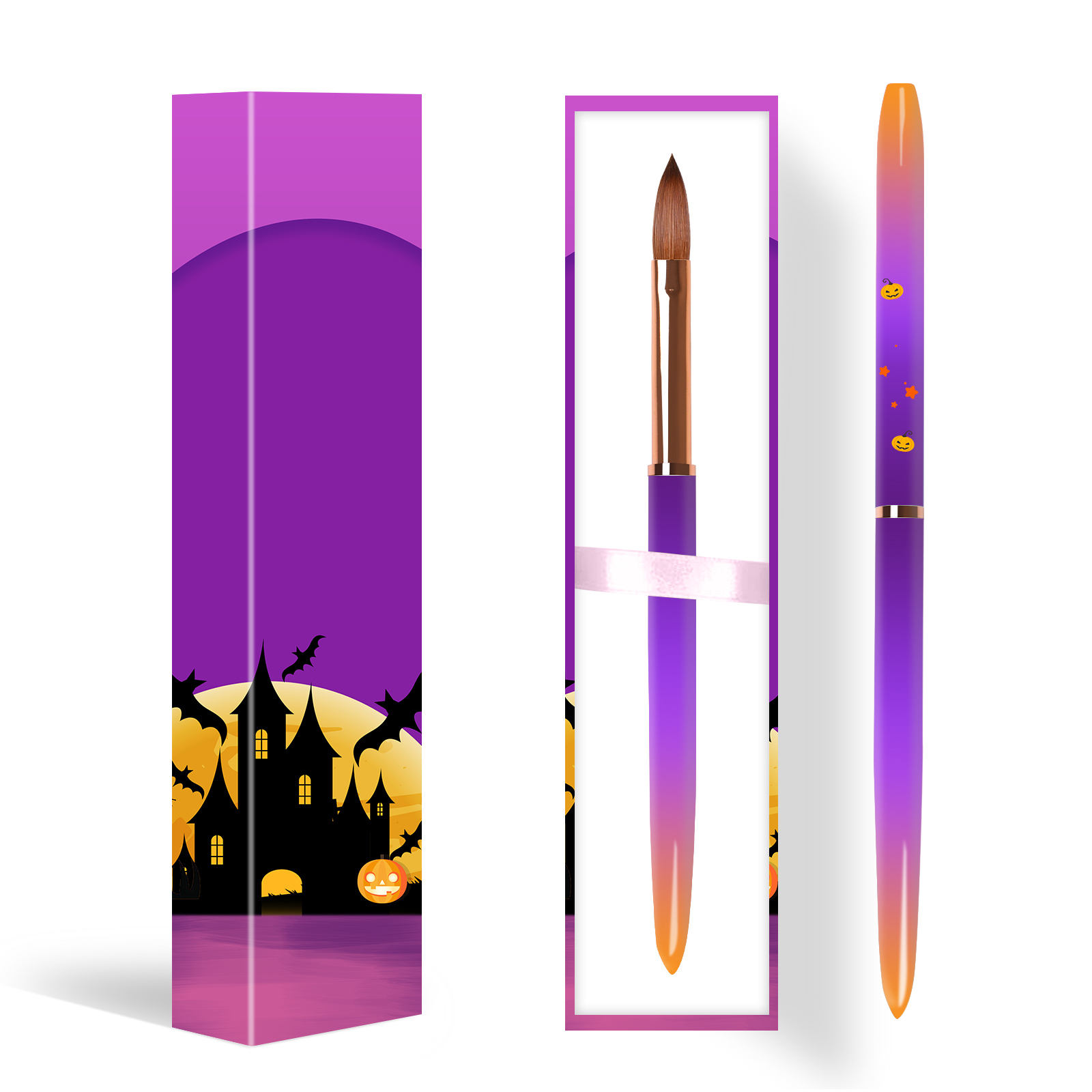 Best Selling Customized Size #2-#24 Purple Halloween Gift Box Packaging 100% Pure Kolinsky Sable Nail Acrylic Brushes