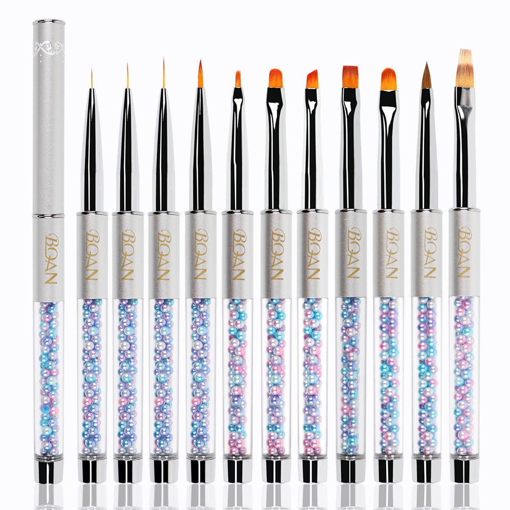 BQAN 11pcs/set Colorful Pearl Handle With Lid Acrylic Nail Art Brush Set