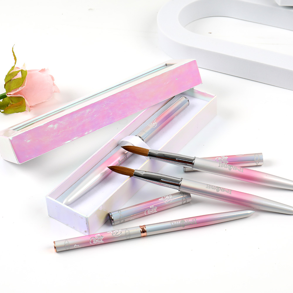 Pink Laser Gradient Metal Paint Brushes Kolinsky Acrylic Nail Art Brush With Box
