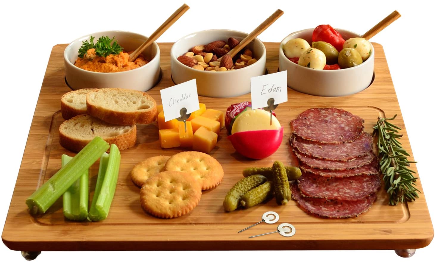 Low price for China Factory Price Cheese Cutting Board Set and Cheese Serving Platter with 3 Ceramic Bowls and Bamboo Spoons Featured Image