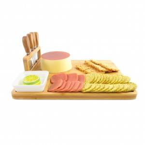 Factory Outlets China Premium Wood Cheese Board Set with Cutting Board and 4 PCS Stainless Steel Knives and Ceramic Bowls and Forks