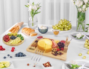 OEM/ODM China China Cheap Price Large Bamboo Cheese Board/Charcuterie Platter Serving Board with 4 Stainless Steel Tools, 2 Ceramic Trays