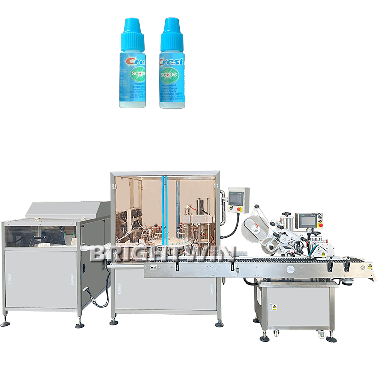Crest’s 3ml scope peppermint breath drops filling plug inserting capping labeling machine