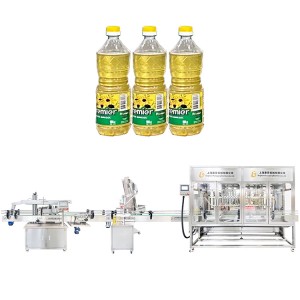 An Argentine client’s 5L edible oil 12 nozzles filling spindle capping(caps elevator) single side labeling machine line