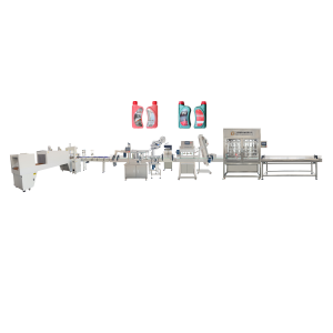 5L engine oil liquid servo controlled piston pump filling capping double sides labeling film wrapping machine line for a Belarusian customer
