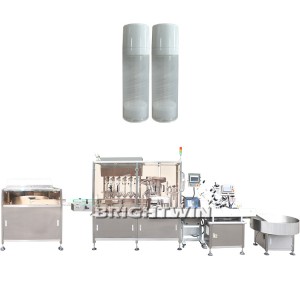 An American customer’s cosmetic cream liquid 6 nozzles filling 2 nozzles capping horizontal labeling machine line