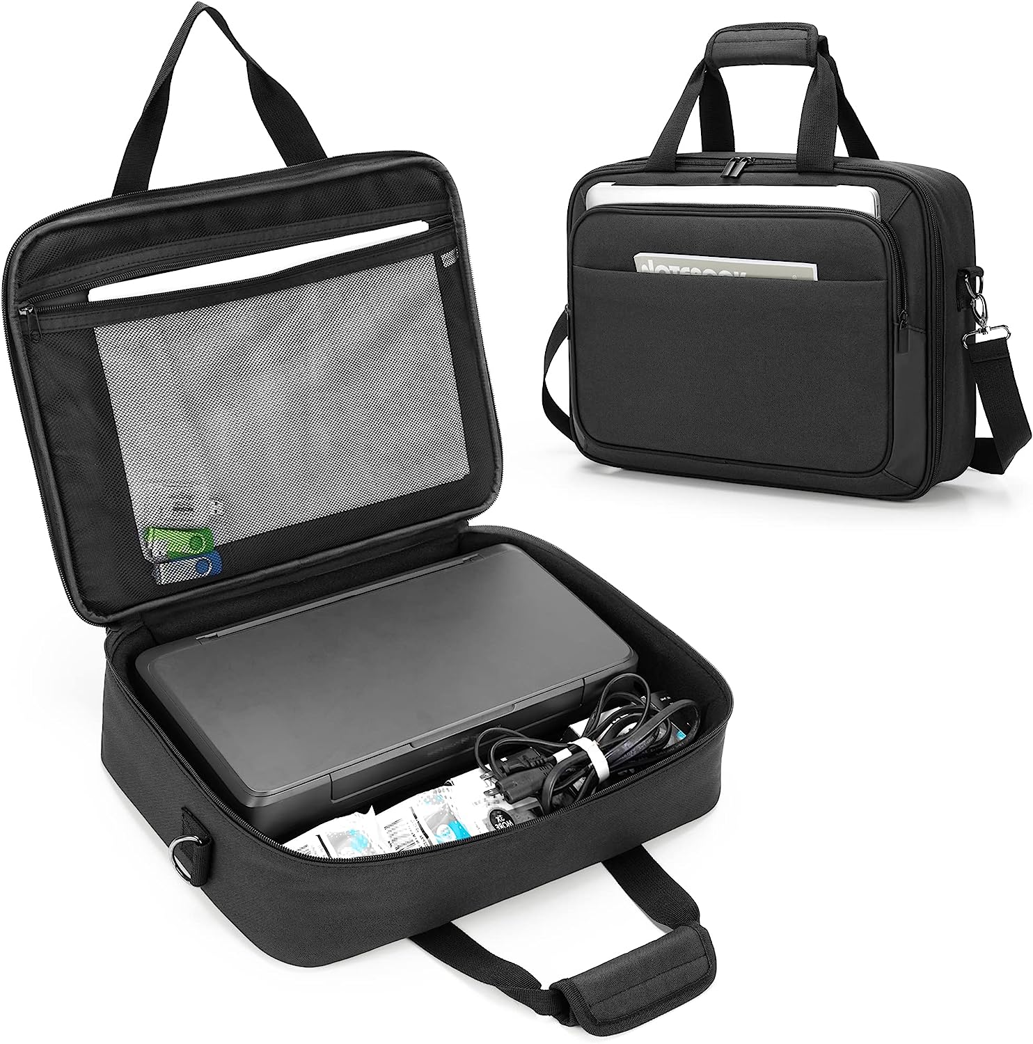 SAMDEW Mobile Printer Storage Bag Compatible with HP Tango/Tango X, HP Officejet 250/200, Portable Printer Carrying Case for Travel, with Laptop Layer(up to 14″), Shoulder & Trolley Stra...