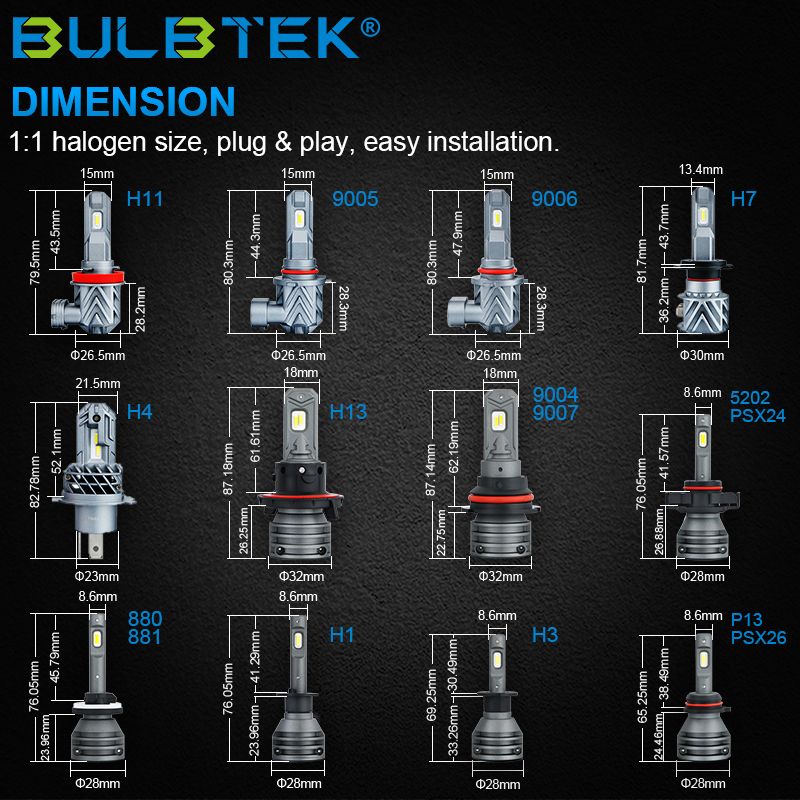 China BULBTEK X8 All In One Halogen Size AUTO LED Headlight Bulb H1 H3 H4  H7 H11 9005 9006 9007 H13 LED Headlight Manufacture and Factory