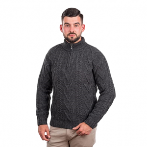 Merino wool men’s zip collar Irish fisherman knitted winter outdoor sweater pullover.