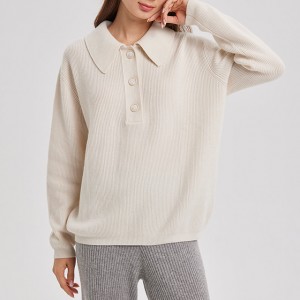 Polo collar with buttons long sleeve simple and elegant women’s sweater