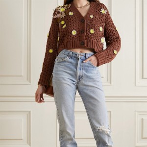 V-neck short long sleeve daisy flower element breathable striped three row button hook Crocheted women’s cardigan sweater