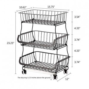 3-Tier Stackable Metal Wire Storage Baskets with Rolling Wheels for Kitchen,Fruit, Vegetables, Pantry, Bathroom Rack
