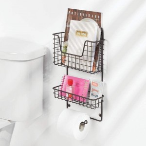 Wall Mount Metal Toilet Tissue Paper Roll Holder and Bathroom Storage Organizer with Magazine Rack Basket