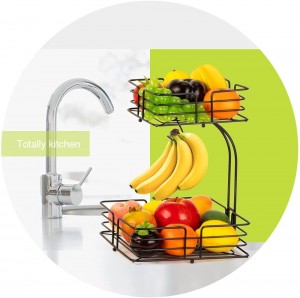 2-Tier Square Countertop Fruit Vegetables Basket Bowl Storage With Banana Hanger, Black