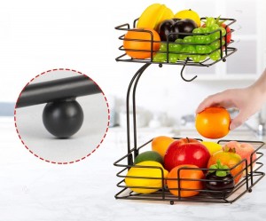 2-Tier Square Countertop Fruit Vegetables Basket Bowl Storage With Banana Hanger, Black