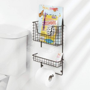 Wall Mount Metal Toilet Tissue Paper Roll Holder and Bathroom Storage Organizer with Magazine Rack Basket