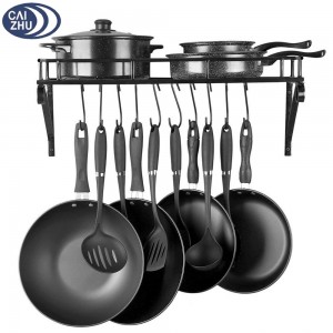 Kitchen Wall Mounted Pot Rack Pan Lid Shelf Cookware Storage With 10 Hooks