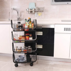 Rolling Stackable Baskets 4 Tiers Metal Utility Storage Organizer Cart with Lockable Casters for Kitchen Pantry Bathroom Garage