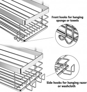 Adhesive Shower Shelf Storage Kitchen Rack Shower Caddy with 5 Hooks for Hanging Razor and Sponge
